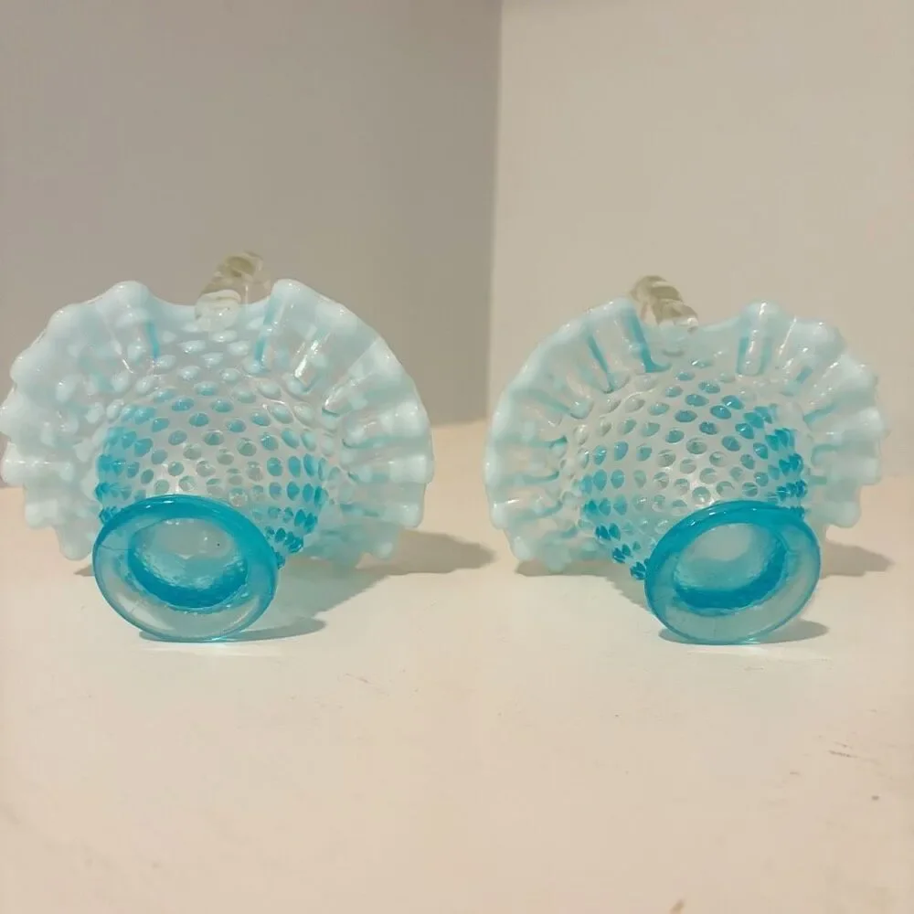VTG Fenton Set of 2  Blue Opalescent Hobnail Baskets Bamboo Handle 6.5